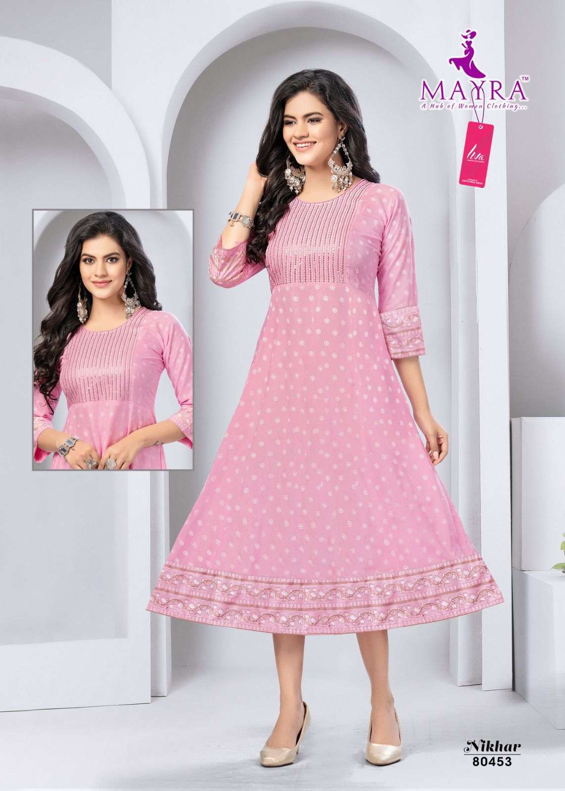 NIKHAR HEAVY LIVA TAG VISCOSE REYON  EMBROYDERY WORK UMBERALLA CUT KURTI BY MAYRA 1006